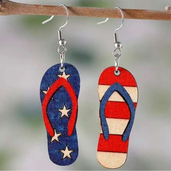 Jewelry - Independence Day Red White and Blue Flip Flop Double Sided Wooden Earrings